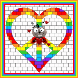 heart shaped peace sign in rainbow colors with love bug