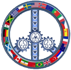 flags of the world peace sign with gears turning center