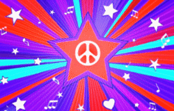 star centered color burst with peace sign, accented with hearts, stars, notes