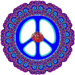 bright blue peace sign, red flower center