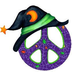 halloween pattern peace sign wearing witch's hat