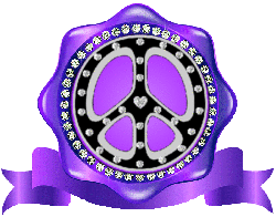 purple emblem with ribbon, diamond peace sign