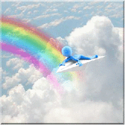 figure flies on paper airplane, peace signs travel over rainbow