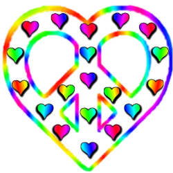 rainbow colors peace love sign shaped by colorful hearts