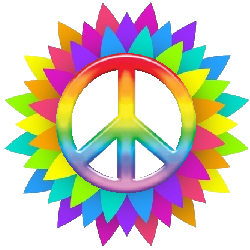 spiral rainbow flower petals surround center peace sign