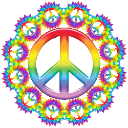 rainbow colors tiny peace signs surrounding center peace sign