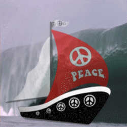 peace sign designed sail boat with giant wave