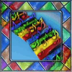 rainbow piano keys stretching to sky, filled with moving notes,  stained glass frame