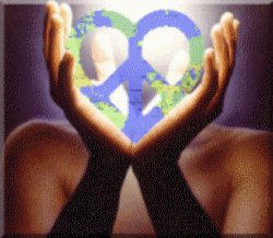 hands holding peace and love symbol with earth pattern, bright light shining through