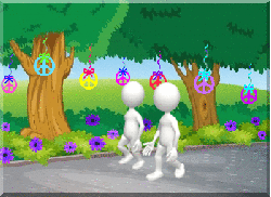 two figures walking along path with hanging peace signs