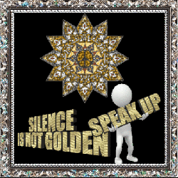figure holding gold glitter text, silence is not golden, speak up for peace
