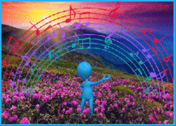 character singing in field of flowers with a rainbow of notes