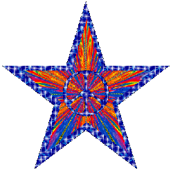 reflective orange, blue star, peace sign center