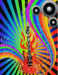 color burst with flaming guitar, throbbing speakers