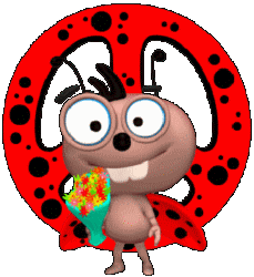 cartoon-lady-bug with flowers, matching peace sign