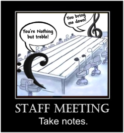 office staff meeting with music symbols