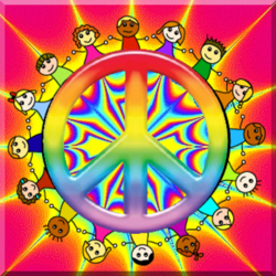 colorful star burst with peace sign, children holding hands