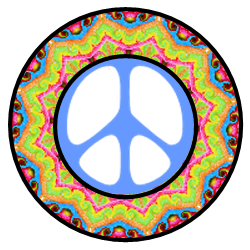 layers of color form pattern of star, peace sign center