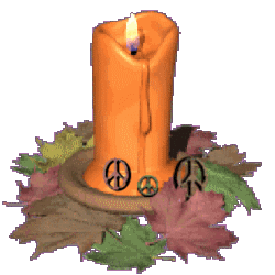 thanksgiving candle burning, fall leaves, peace signs