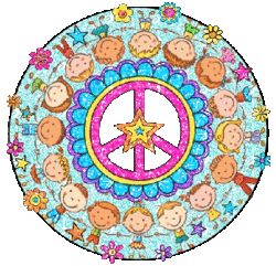 cartoon children holding hands around peace sign, star center