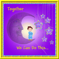 peace stars, child on moon, text, together we can do this