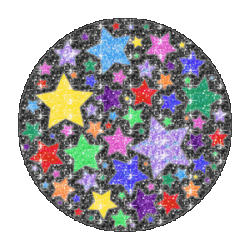 black glitter circle with several colors of stars