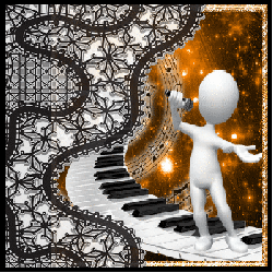 figure singing on top of piano keys