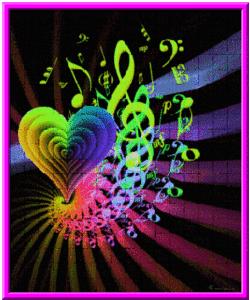 rainbow heart with abstract music symbols. burst