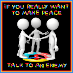 two figures shaking hands with peace quote