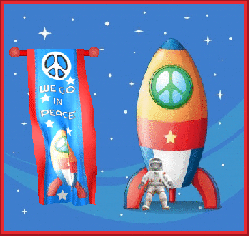 astronaut, spaceship with peace sign window, peace flag on planet