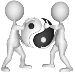 two figures holding ying yang symbol