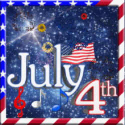 fireworks exploding, flag, music notes, July 4th on star background