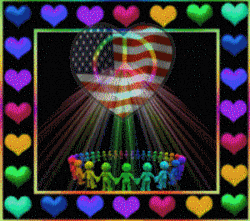 circle of figures in moment of silince, transparent heart flag overlay, hearts frame