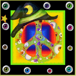 moving eyes frame with eye pattern peace sign, witch hat