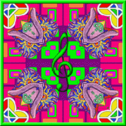 kaleidoscope with peace signs, shapes, music notes