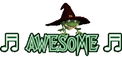 frog with witch hat sitting on text, awesome