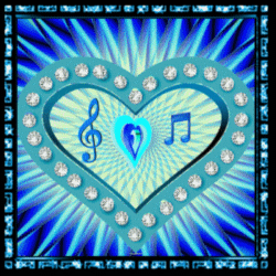 blue star with heart center, lights, music symbols