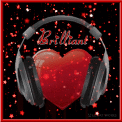 falling red stars, red puffy heart with headphones, text brilliant