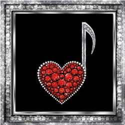 red diamonds heart shaped music note with white diamonds top, framed