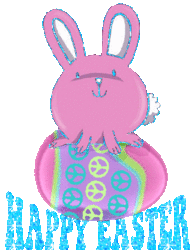 bunny sitting on peace sign egg, glitter happy easter