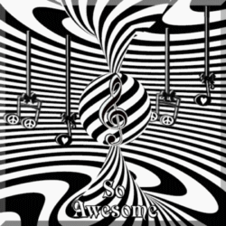 black and white swirls, so awesome text, hanging music symbols
