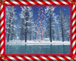 candy cane striped treble clef on bank of river, snow falling