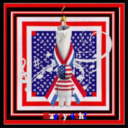 flag design, lit candle, red, white, blue ribbon, music staff