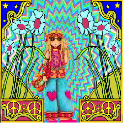 hippie girl giving peace sign, psychedelic background