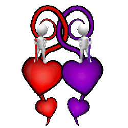 two figures standing on entwined hearts pointing arrows