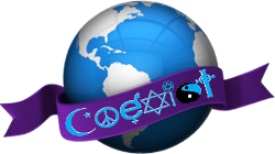 blue coexist symbols on purple banner over earth