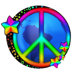 earth with colorful peace sign, framed with moon, star design