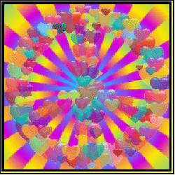 layers of colorful hearts form peace sign over psychedelic color burst