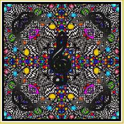 kaleidoscpe with black, white, color balls, treble cleff center