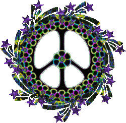 center peace sign with flowing neon colors, shooting star border